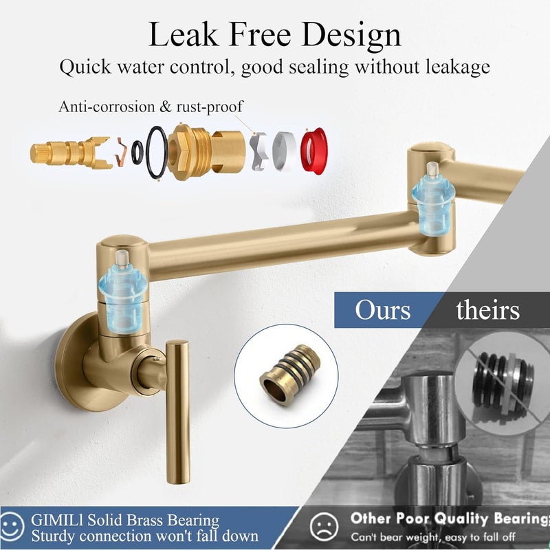 DIAMONDFORGE Pot Filler Faucets - for Kitchen, Sink, Stove and Bar with Brass Wall Mount Double Joint Swing Arms - Leak Free Designs with High-Flow Aerators - Retractable and Folding Save Space - Brushed Gold - Image 3
